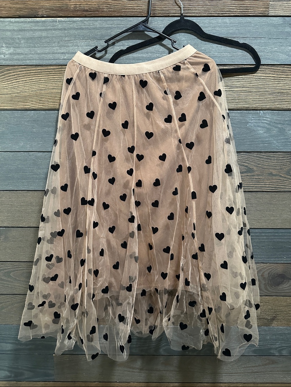 Chicwish Beige Tulle Midi Skirt with Black Heart Print